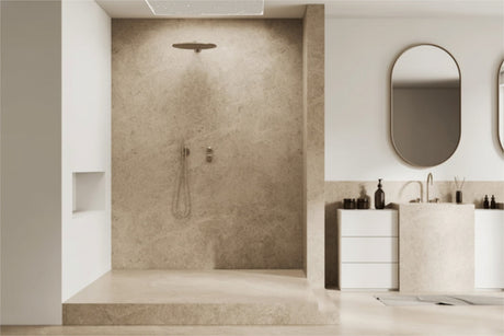 Modern shower with minimalist design and beige marble walls