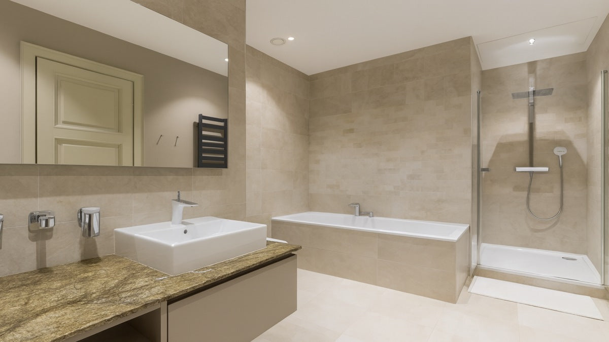 Modern bathroom with bathtub, vanity and walk-in shower