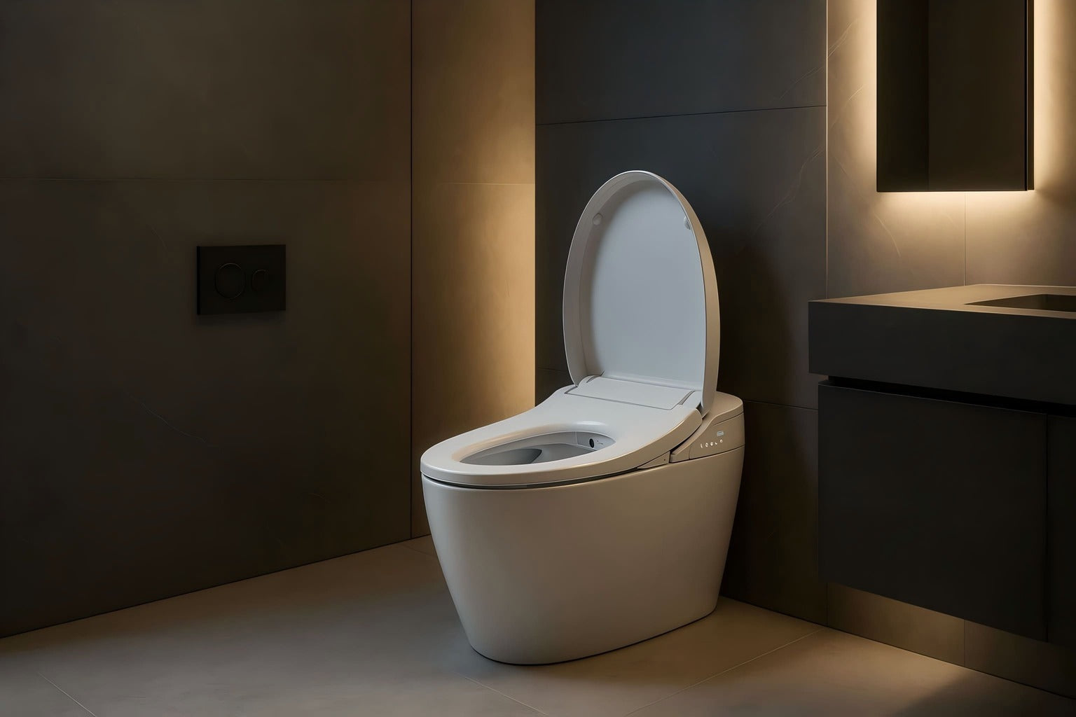 A minimalistic bathroom featuring a bright white interior contrasted with dark feature elements and soft backlit mirrors.