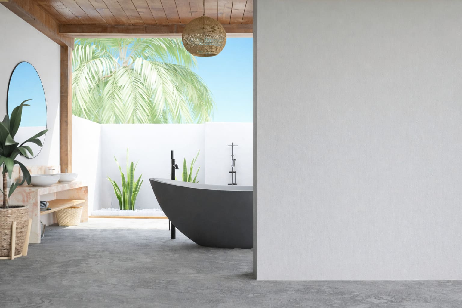 Tropical open-plan bathroom with freestanding bathtub, natural wood vanity, indoor-outdoor design, and lush greenery.