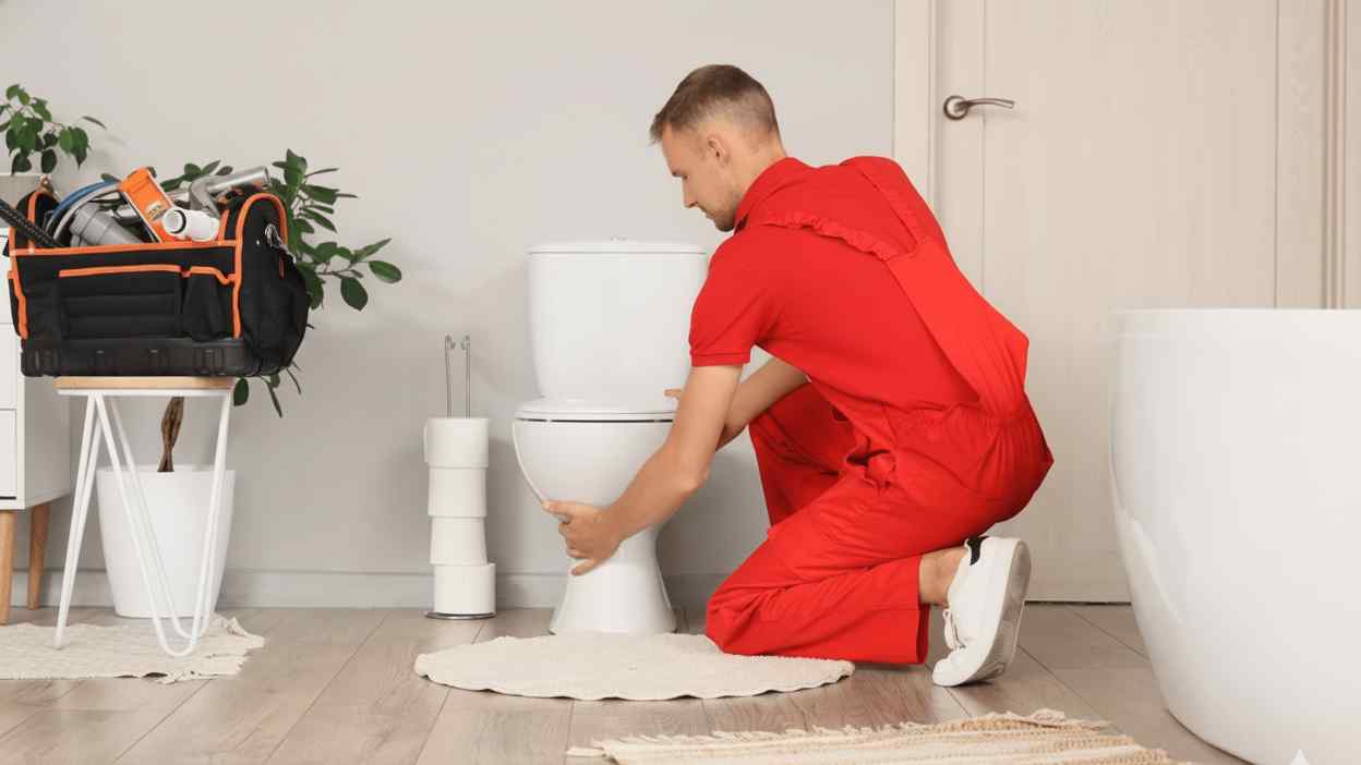 Plumber installing a toilet in a modern bathroom