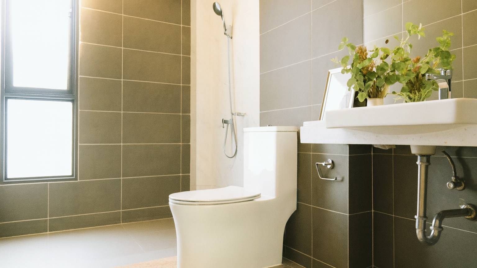 Modern bathroom with toilet, sink, and handheld bidet