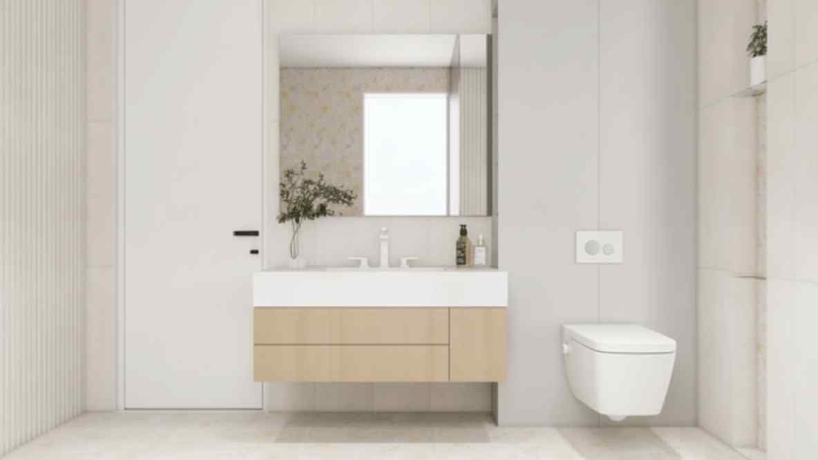 Minimalist bathroom with wall-hung toilet and floating vanity