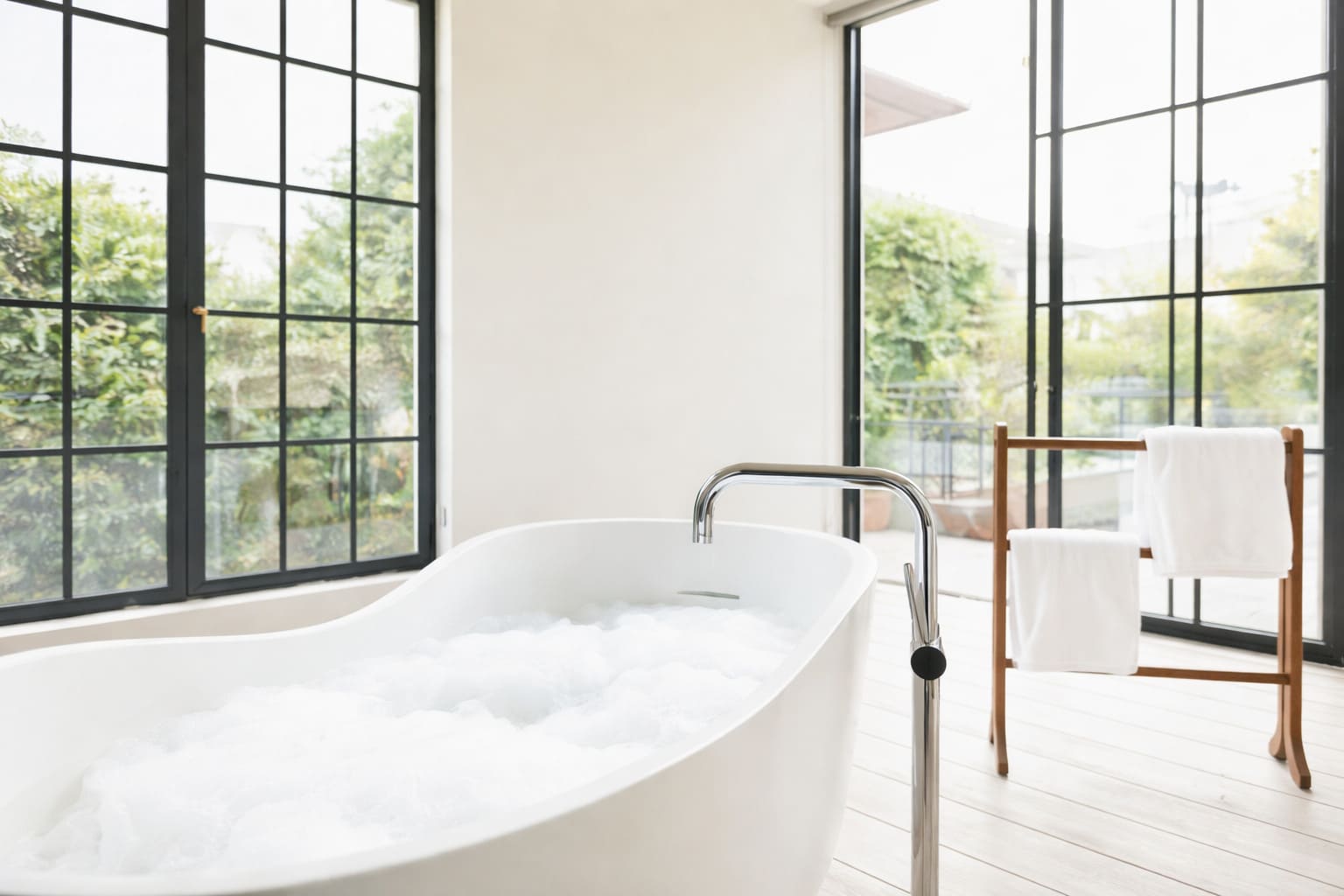 Spa-style bathroom with a white freestanding bathtub and large black-framed windows.