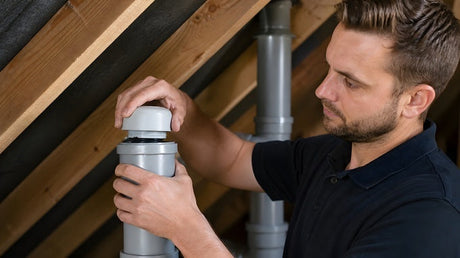 Plumber installing a grey air admittance valve on PVC pipe in roof cavity