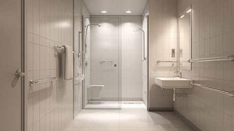 Modern accessible bathroom with grab rails, wide doorway and glass shower enclosure