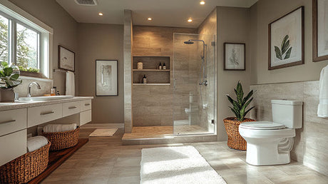 Accessible disability bathroom with grab bars, walk-in shower, and raised toilet seat