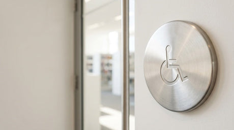 Brushed stainless steel wheelchair accessibility button mounted on white wall beside glass door