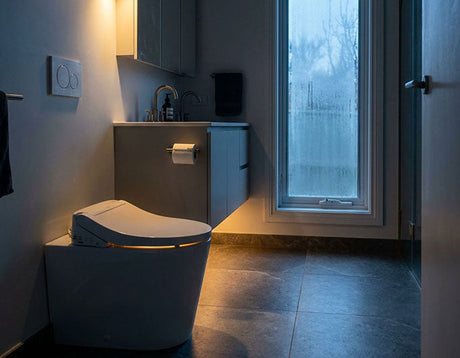Modern toilet with glowing heated seat in dimly lit dark-tiled bathroom