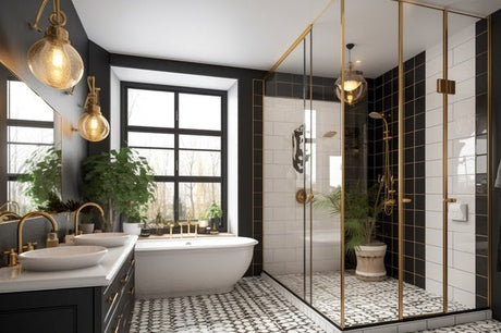 Black and gold bathroom with glass shower, freestanding tub, patterned floor, and plants.