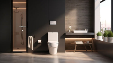 Back to wall toilet beside walk-in shower in dark modern bathroom