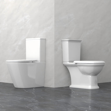 Modern rimless vs traditional close-coupled white toilet comparison
