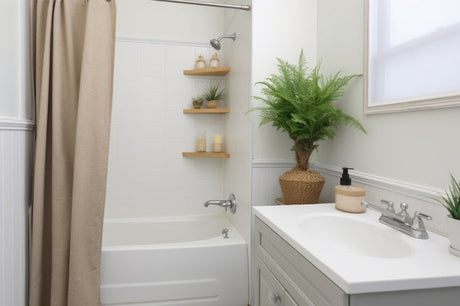 Small bathroom with bathtub, shower curtain, white vanity, wall shelves, and plants