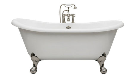 White clawfoot bath with chrome ball-and-claw feet and cross-handle taps