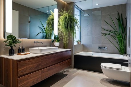 Luxury modern bathroom with wood vanity, glass shower, bathtub, toilet, and green plants.