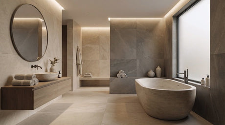 Luxurious bathroom with stone freestanding bath, walk-in shower, and timber vanity
