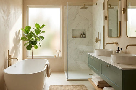 Neutral bathroom with sage green vanity, freestanding white bath and brass tapware