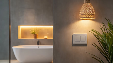 Modern bathroom with white freestanding bath, lit niche, wicker pendant light and double light switch