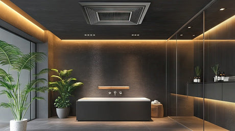 Luxury dark bathroom with ceiling exhaust fan, freestanding bath and tropical plants