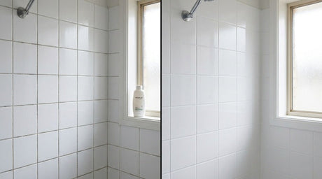 Before and after comparison of shower tiles with dirty and clean white grout
