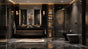 Luxurious black marble bathroom with gold accents, double vanity and glass shower