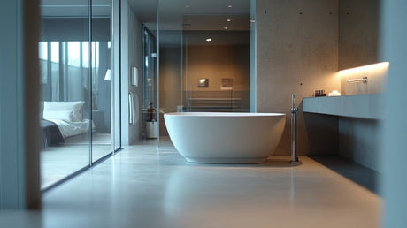 Minimalist ensuite with white freestanding bath, glass walls and concrete finishes