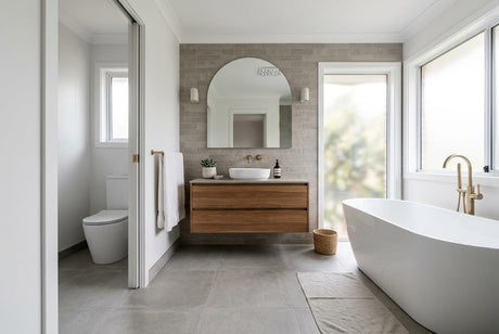 Modern bathroom with timber floating vanity, freestanding bath, and arched mirror