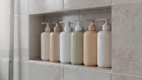 Six pump bottles in neutral tones lined up in a tiled shower niche