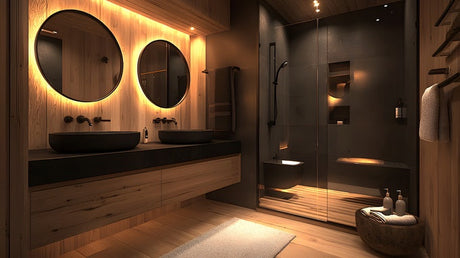 Luxurious bathroom with twin black basin sinks, timber vanity, backlit round mirrors and glass shower