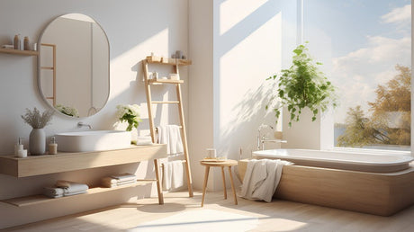 Bright Scandinavian bathroom with timber bath surround, ladder shelf, and oval mirror