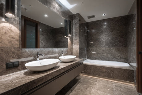 Luxury bathroom with grey marble tiles, twin vessel basins and built-in bath