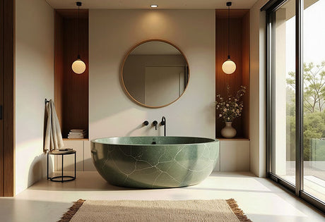 Japandi bathroom with green marble soaking tub, round mirror and timber wall niches