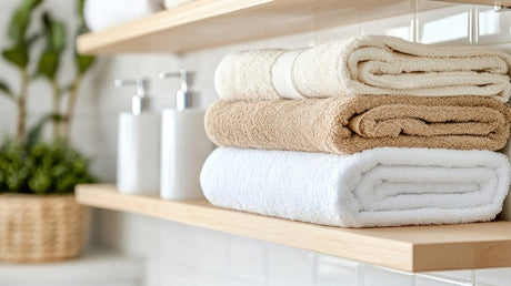 Three rolled towels stacked on timber bathroom shelf beside white dispensers