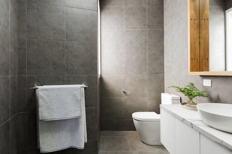 Modern bathroom with dark grey tiles, vessel basin, timber mirror frame and green plant