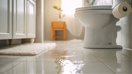 Water leaking from toilet onto bathroom floor causing visible puddle near base.