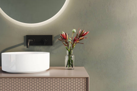 Modern bathroom vanity layout with vessel sink and wall-mounted faucet