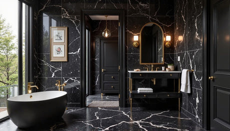 Luxurious black marble bathroom with gold vanity, freestanding bath and arched mirror
