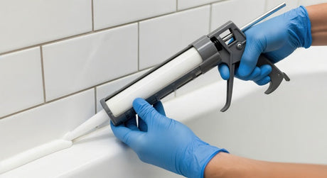 Gloved hands applying white silicone sealant along bathtub and white tile junction