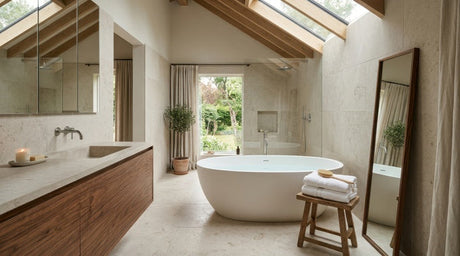 Airy bathroom with white freestanding bath, timber vanity, stone tiles and skylights