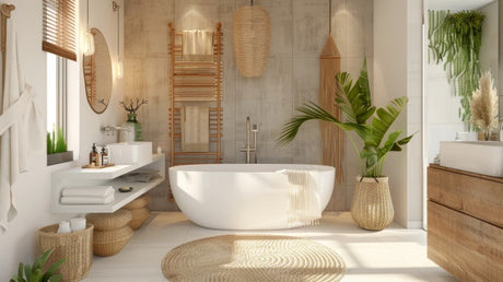 Boho-style bathroom with white freestanding bathtub, wicker baskets and tropical plants