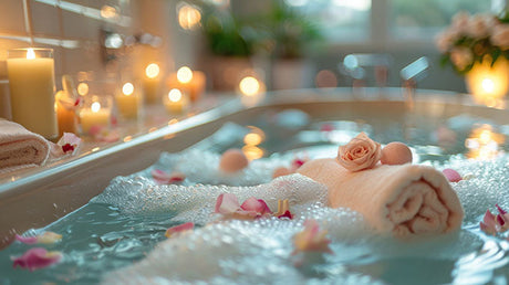 Bathtub prepared with Epsom salts, bath bombs and candles for a relaxing soak