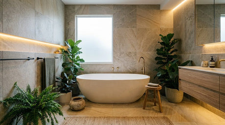 Stone freestanding bathtub with brass tap surrounded by lush indoor plants and timber vanity