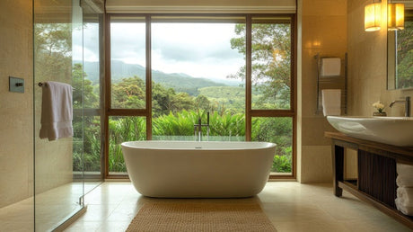 White freestanding bathtub centred before large window with lush mountain view