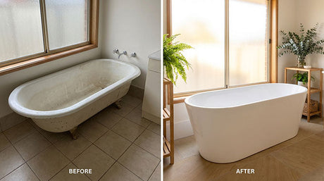 Before and after bathroom renovation replacing worn clawfoot bath with modern white freestanding tub