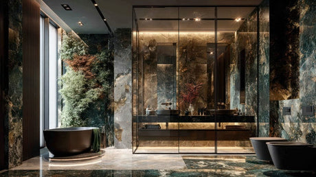 Luxury marble bathroom with freestanding tub, glass enclosure, vanity, toilet, and bidet