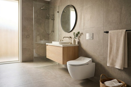 Modern bathroom with wall-hung bidet toilet, timber vanity, round mirror and walk-in shower