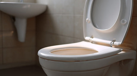 White ceramic toilet with open lid in a beige-tiled bathroom