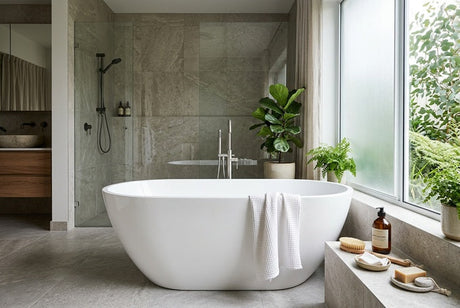 White oval freestanding bath with waffle towel, stone tiles and indoor plants