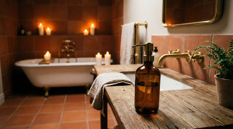 Rustic timber bathroom vanity with amber soap dispenser, brass taps, and candlelit clawfoot bath