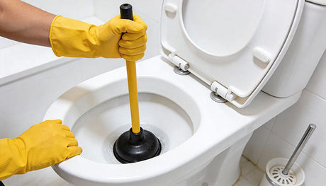 Person wearing yellow gloves using a plunger to unclog a blocked toilet bowl in a clean white bathroom